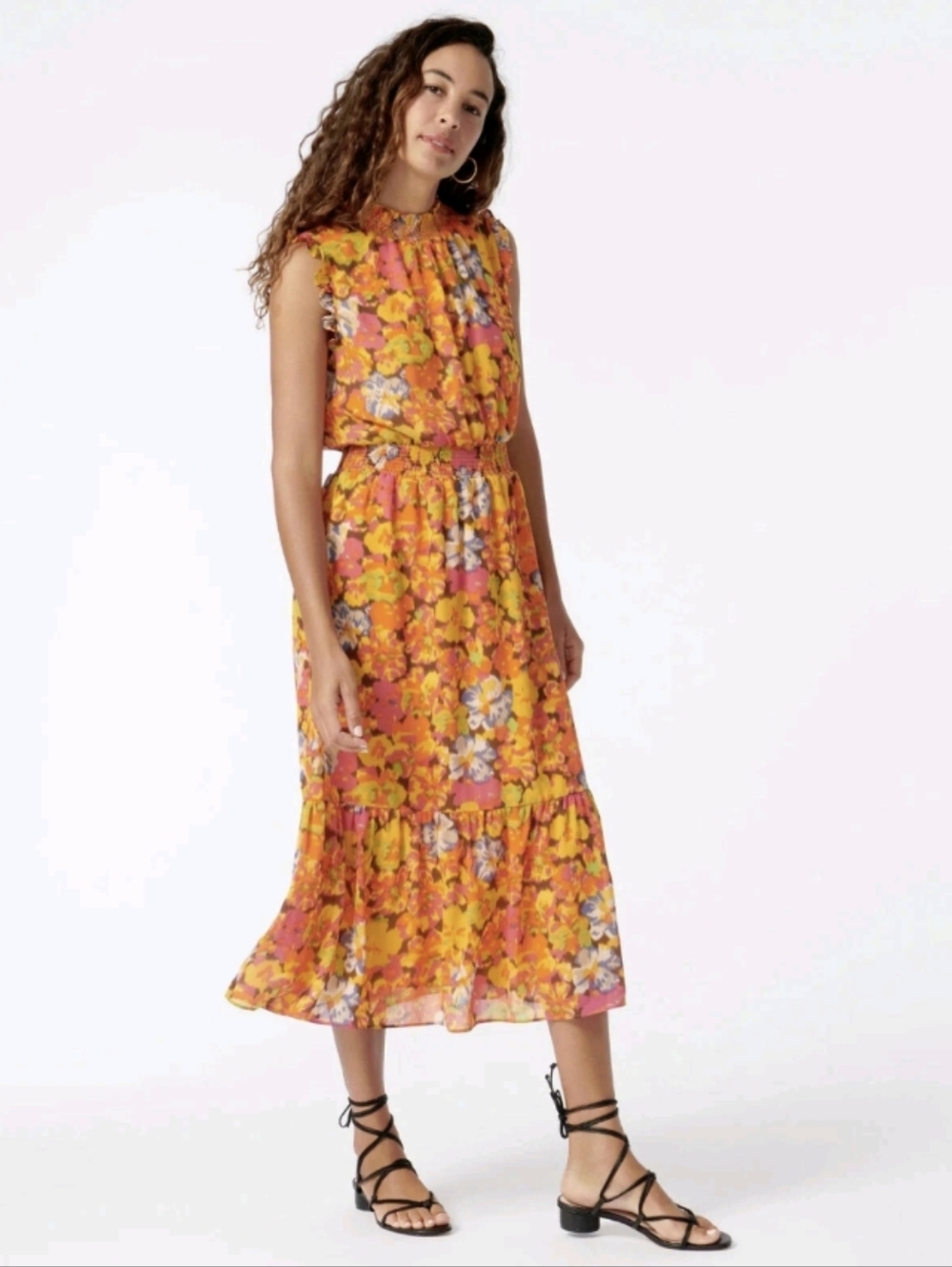 J.Crew Floral Smocked Waist Ruffle Neck Sleeveless Midi Dress Medium